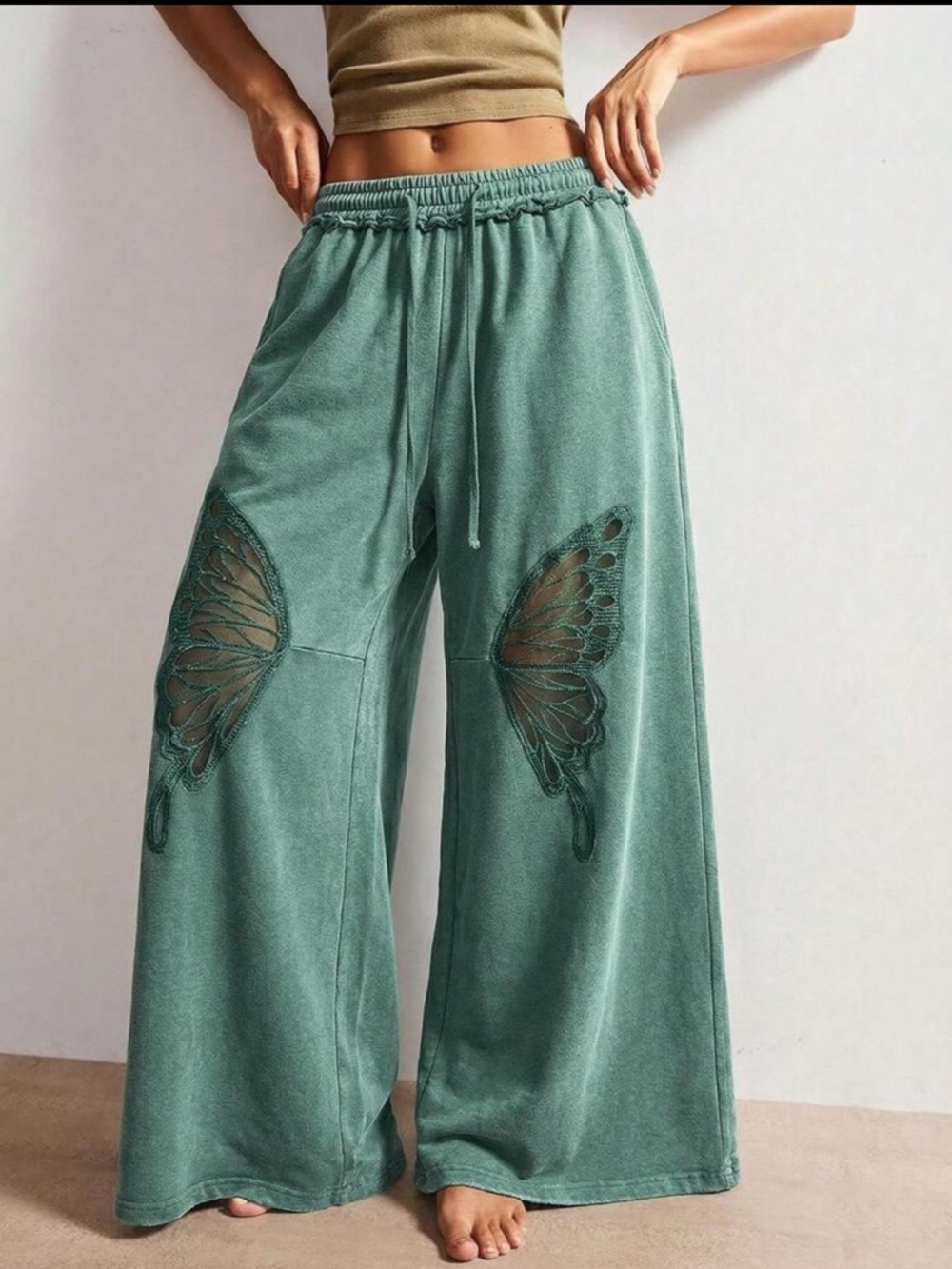Boho Loose Sheer Butterfly Appliqué Lace details Wide Leg Pants Green